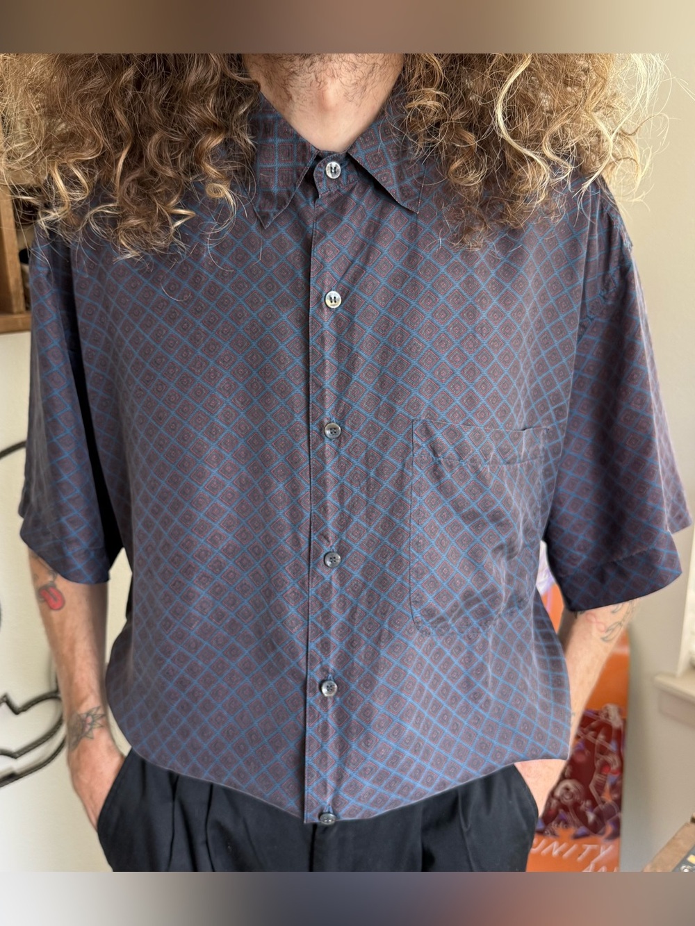 Vintage 90s Silk Geometric Diamonds S/S Button Down Shirt ~ Size XL